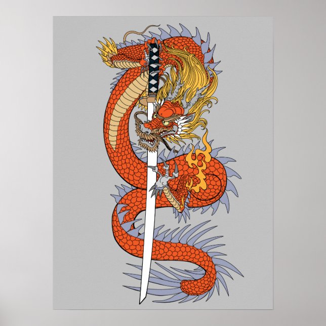 Japansk drake med katana-svärd poster (Framsidan)