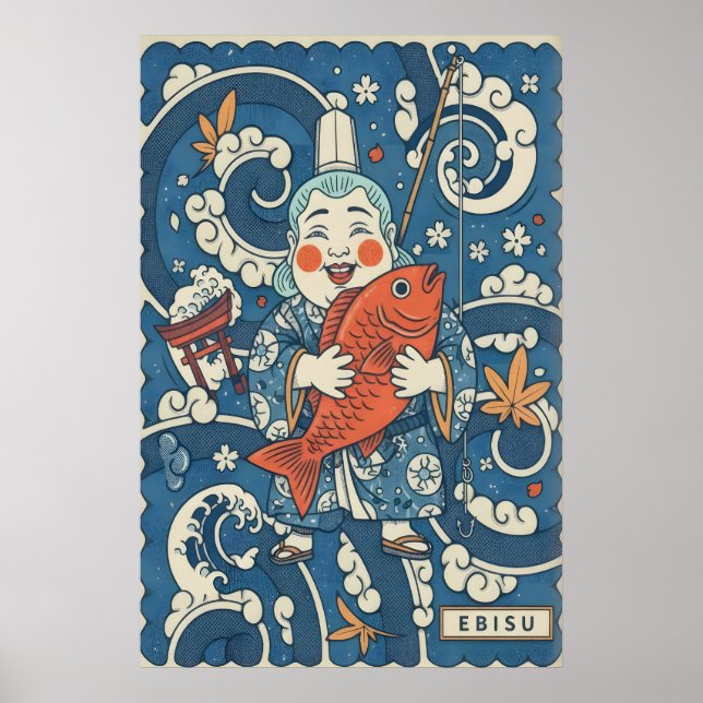 Japansk Ebisu-väggkonst Leende gud med fisk och Poster (Framsidan)