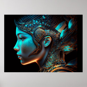 Japansk Electro Cyberpunk Profile Porträtt Poster