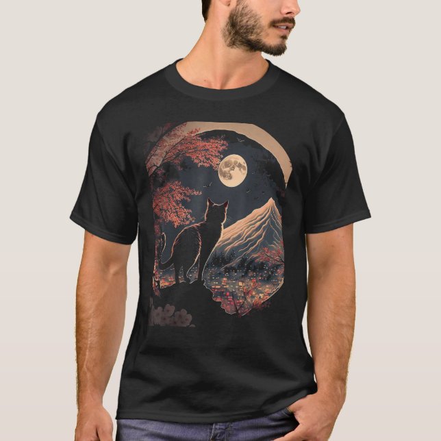 Japansk estetisk Sakura Cherry Blommars söt katt T Shirt (Framsida)
