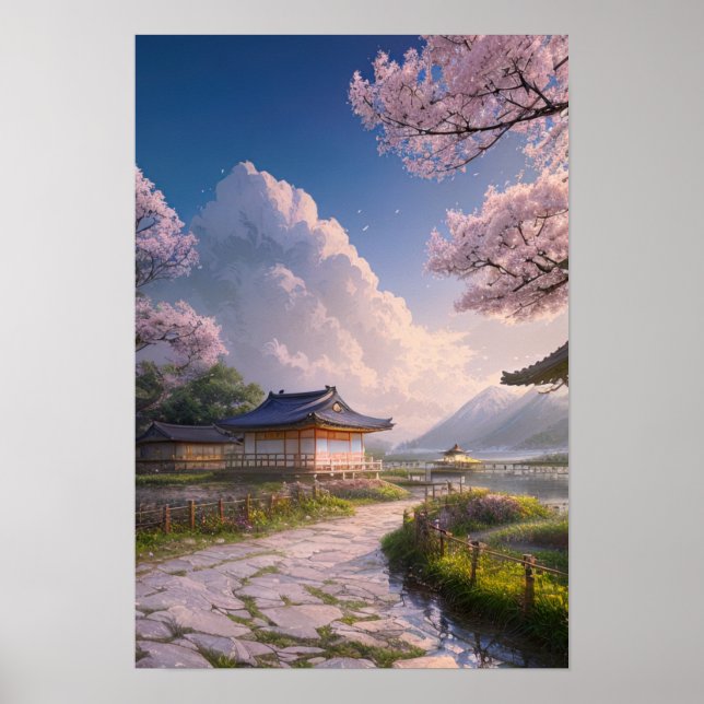 Japansk fiskesamhälle på en Riverbank Poster (Framsidan)