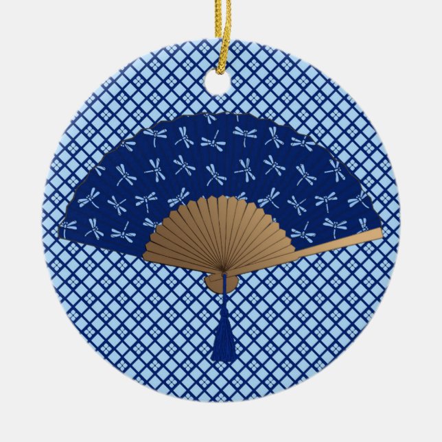 Japansk fläkt, sländamönster, koboltblått julgransprydnad keramik (Framsidan)