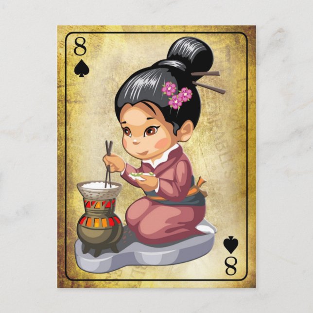 Japansk flicka i Kimono-matlagning ris Vykort (Framsida)