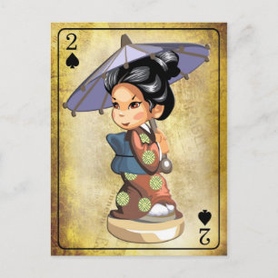 Japansk flicka i Kimono som håller ett paraply Vykort