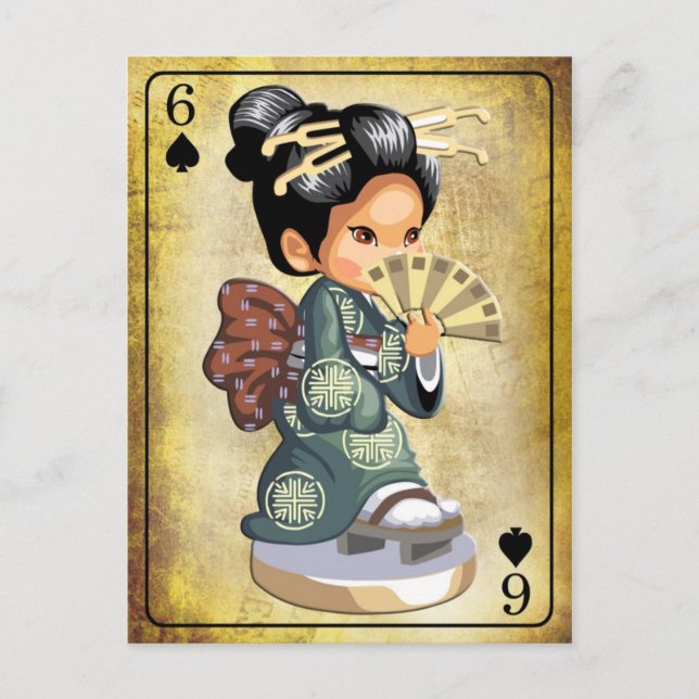 Japansk flicka i Kimono som håller fläkt Vykort (Framsida)