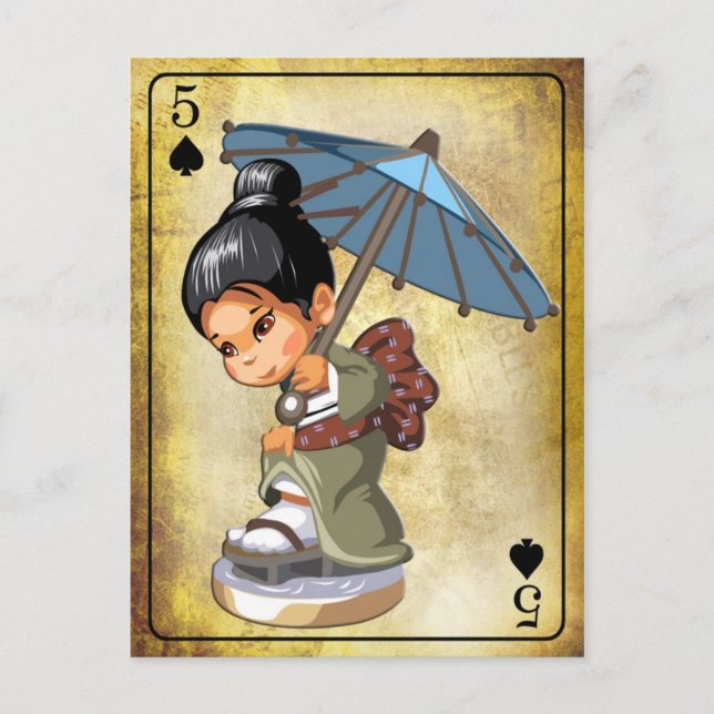 Japansk flicka i Kimono som inspekterar hennes foo Vykort (Framsida)