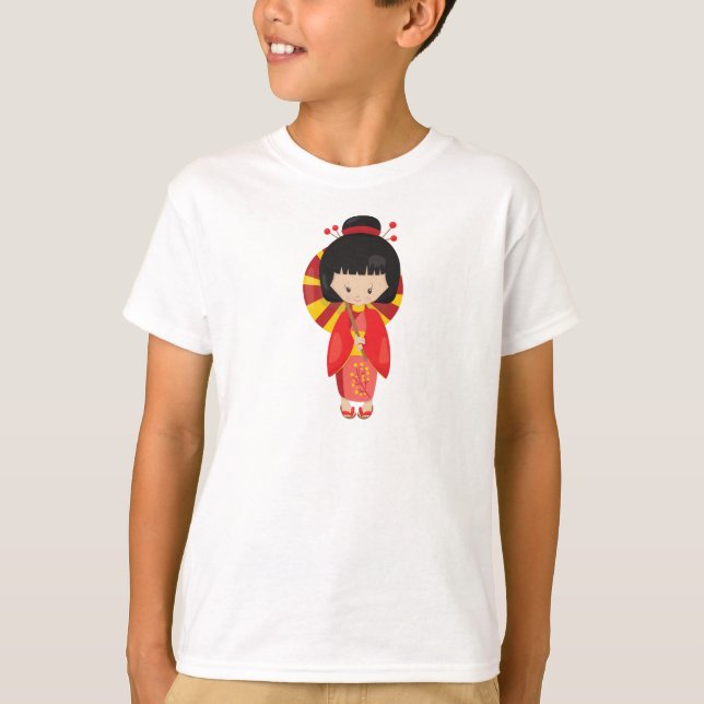 Japansk flicka, Japan, Cute Girl, Red Kimono T Shirt (Framsida)