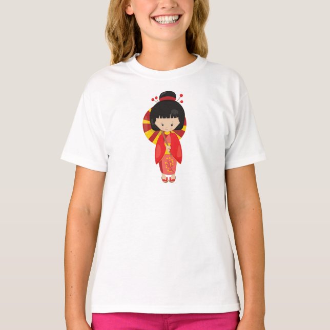 Japansk flicka, Japan, Cute Girl, Red Kimono T Shirt (Framsida)