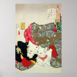 Japansk flicka med Cat, Tsukioka Yoshitoshi Poster