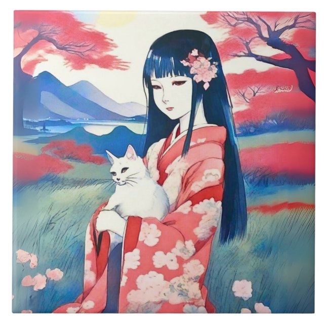 Japansk flicka med en vit katt kakelplatta (Framsidan)