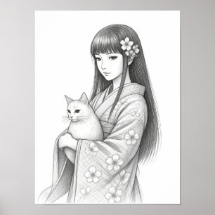Japansk flicka med en vit katt poster