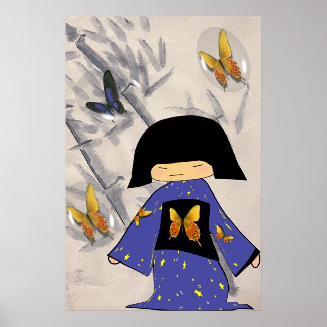 Japansk flicka med fjärilsbubblor poster (Framsidan)