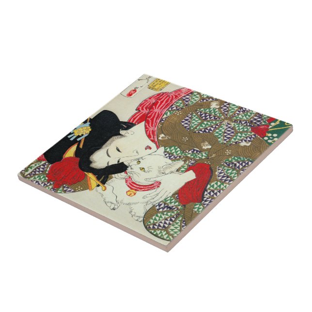 Japansk flicka med katten, Tsukioka Yoshitoshi Kakelplatta (Sidan)