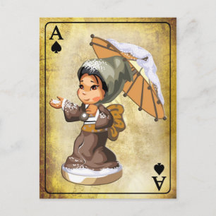 Japansk flicka med paraply i snö vykort