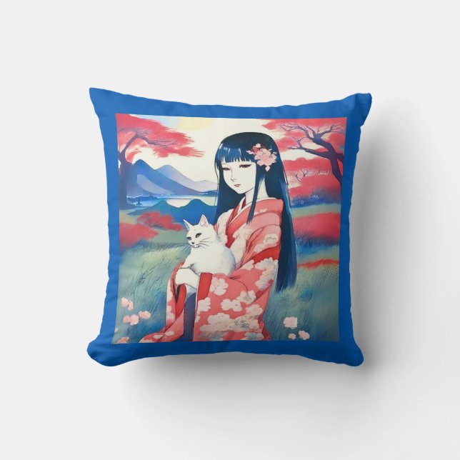 Japansk flicka med vit katt kudde (Framsida)