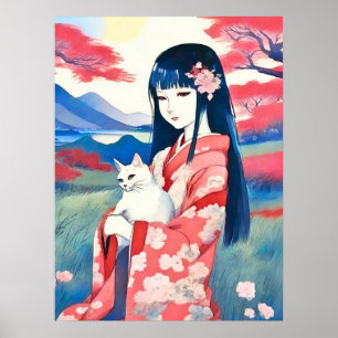 Japansk flicka med vit katt poster