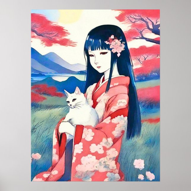 Japansk flicka med vit katt poster (Framsidan)