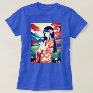 Japansk flicka med vit katt t shirt