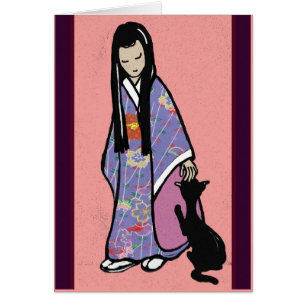 Japansk flicka och hennes katt hälsningskort