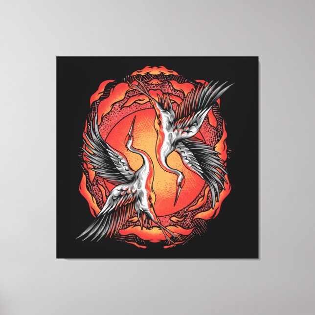 Japansk flygande boattle Cranes Asian Art Canvastryck (Framsida)