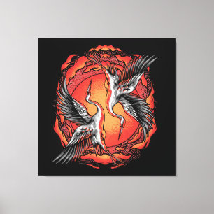 Japansk flygande boattle Cranes Asian Art Canvastryck