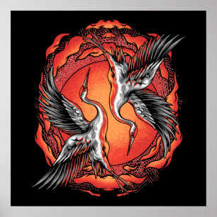 Japansk flygande boattle Cranes Asian Art Poster