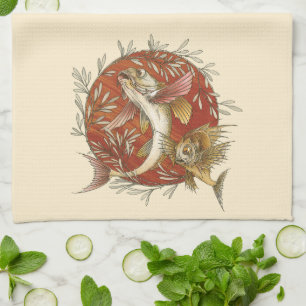 Japansk Flygfisk och Bambu blad Vintage Konst Kökshandduk