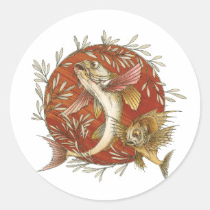 Japansk Flygfisk och Bambublad Vintage Konst Runt Klistermärke