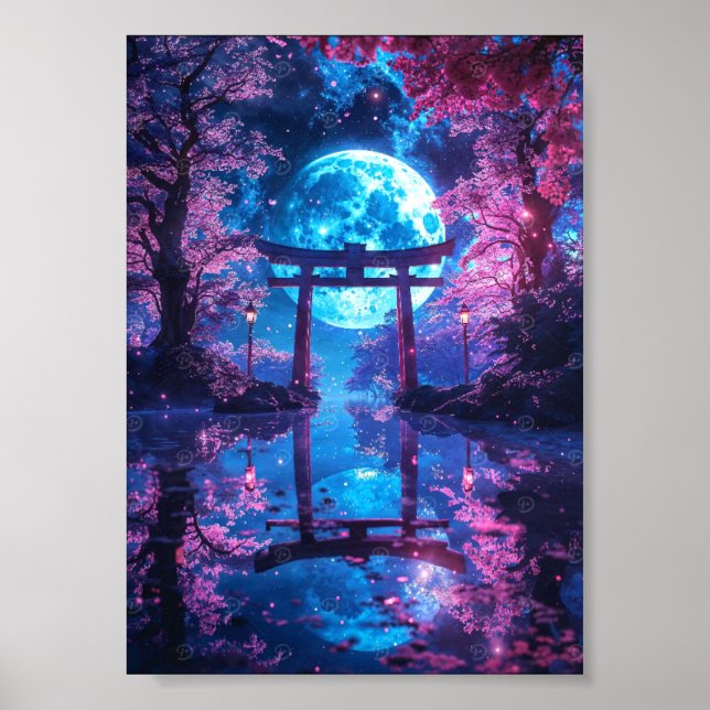 Japansk Förtrollad Månbelyst Torii Poster (Framsidan)