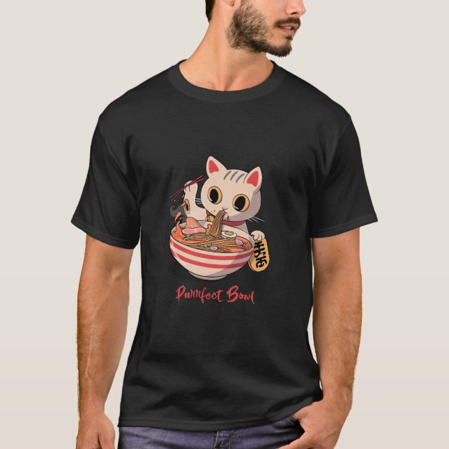Japansk Fortune Cat Slurping a Purrfect Bowl T Shirt (Framsida)