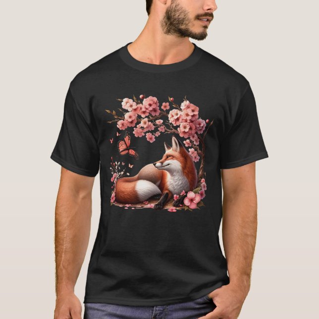 Japansk fox Butterfly Cherry Blommar Flower Träd T Shirt (Framsida)