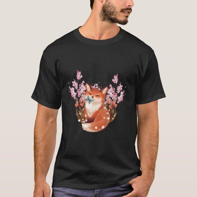 Japansk Fox Cherry Blommar Flower Sakura T Shirt (Framsida)