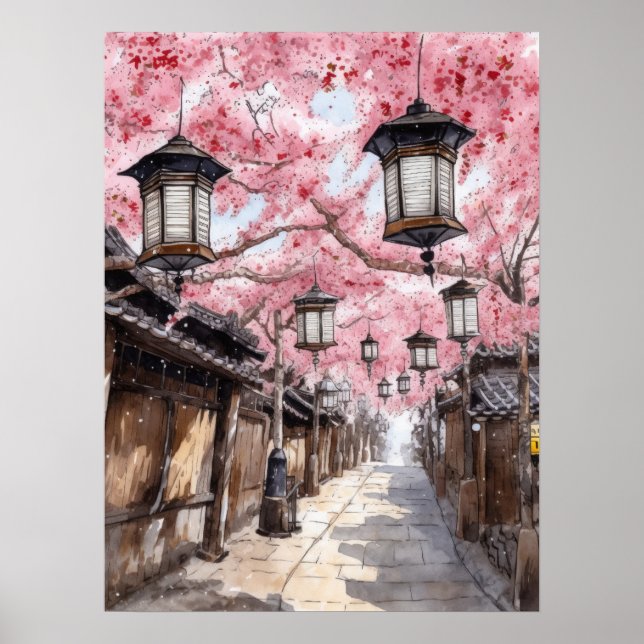 Japansk gata med Cherry Blommar Träd Poster (Framsidan)