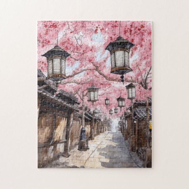 Japansk gata med Cherry Blommar Träd Pussel (Vertikal)