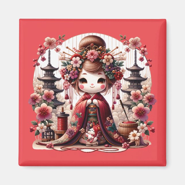 Japansk Geisha Cute Scene Magnet (Framsidan)