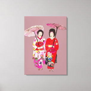 Japansk Geisha dam rosa kimono original art Canvastryck