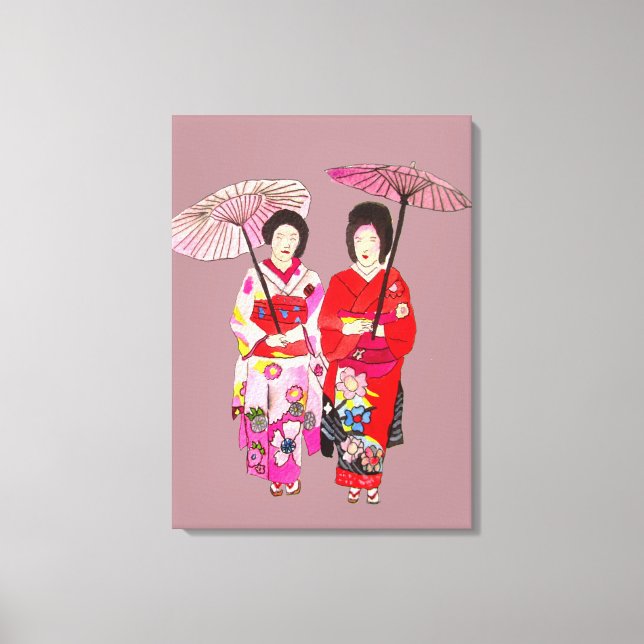Japansk Geisha dam rosa kimono original art Canvastryck (Framsida)