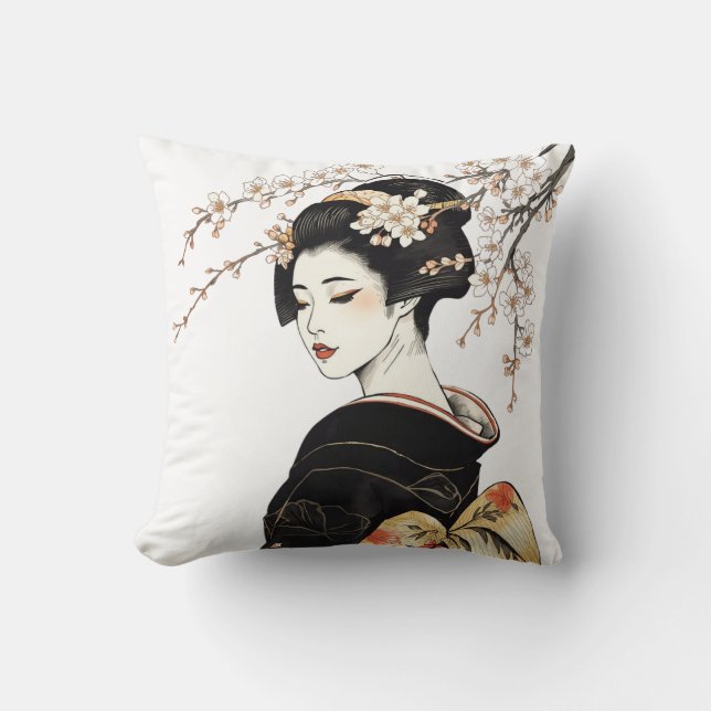 Japansk Geisha-flicka & Blommor Svart Guld Kudde (Framsida)