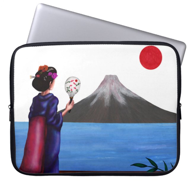 Japansk Geisha Girl, sol och Fuji Mountain Laptop Fodral (Framsidan)