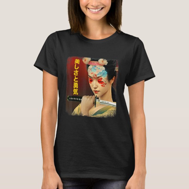 Japansk Geisha Girl Wakizashi Sword Japan Bushido T Shirt (Framsida)