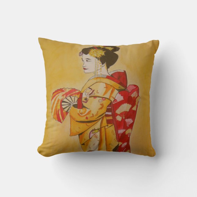 Japansk geisha guldfärgad gul bakgrund kudde (Framsida)