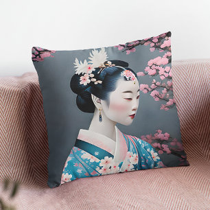 Japansk Geisha i en Cherry Blommar Garden Kudde
