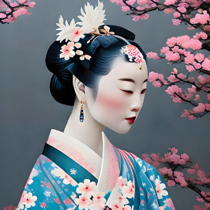Japansk Geisha i en Cherry Blommar Garden Poster