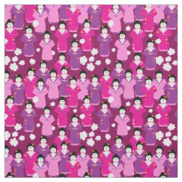 Japansk Geisha i Kimonos Rosa Patterned Tyg