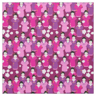 Japansk Geisha i Kimonos Rosa Patterned Tyg