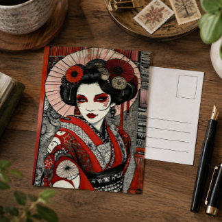 Japansk Geisha-inspirerad gotisk konst röd svart Vykort