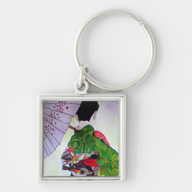 Japansk Geisha-konst med kimono och paraply Fyrkantig Silverfärgad Nyckelring (Framsidan)