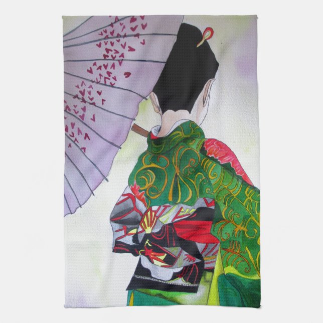 Japansk Geisha-konst med kimono och paraply Kökshandduk (Vertikal)