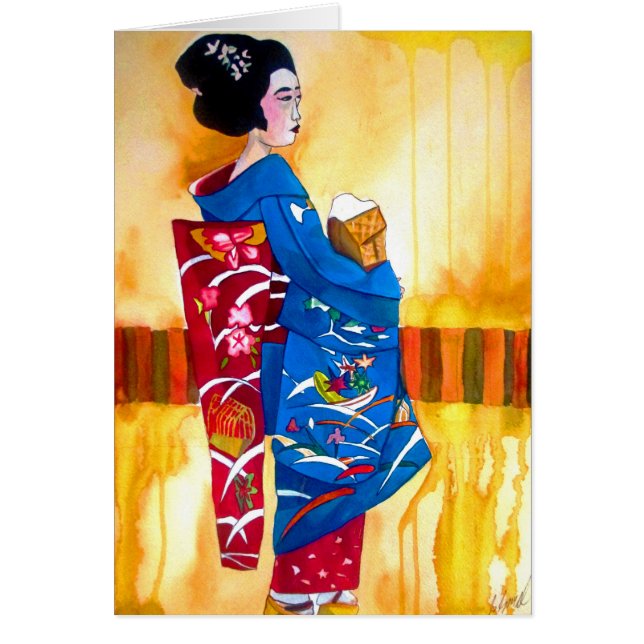 Japansk Geisha med blå kimono Hälsningskort (Framsidan)