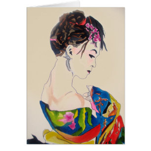 Japansk Geisha med blå kimono Hälsningskort